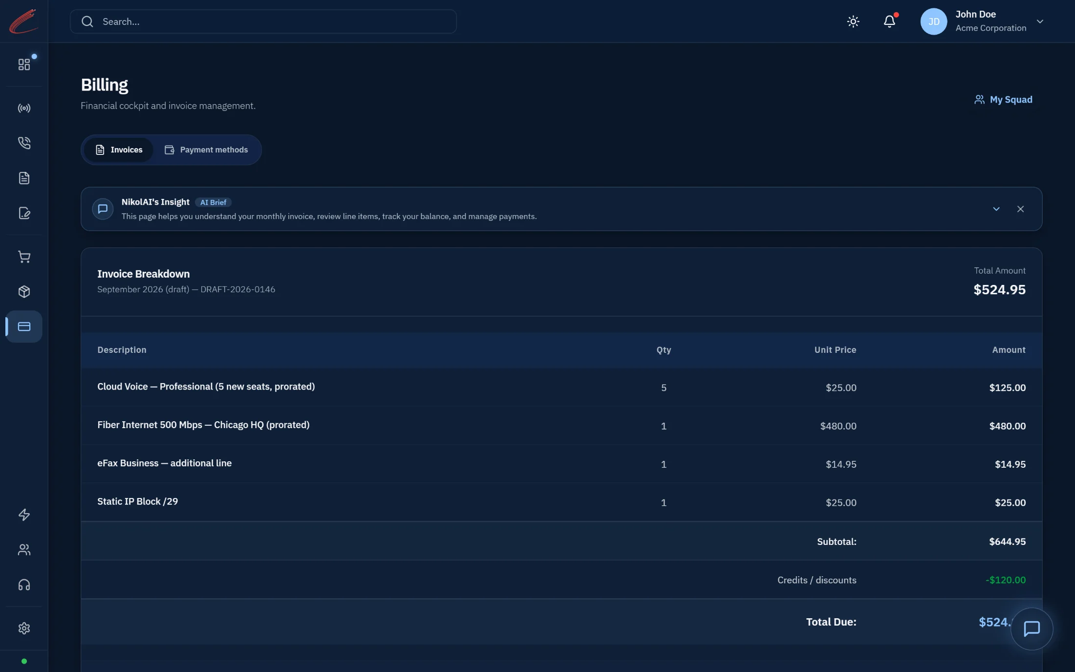Billing workspace — financial cockpit with savings calculator and invoice trend
