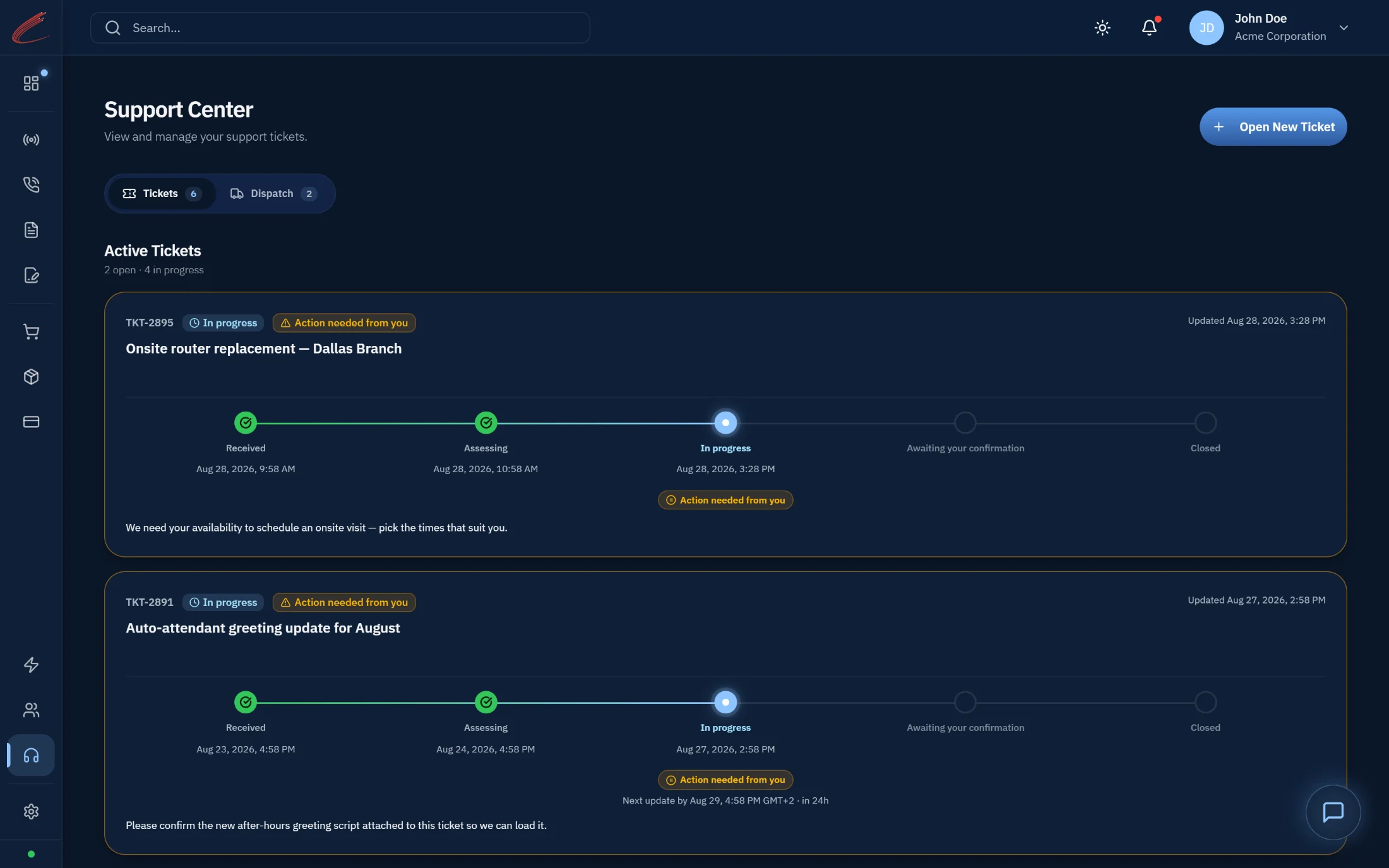 Helpdesk workspace — Support Center with open tickets, in-progress, average response time, and web phone network test