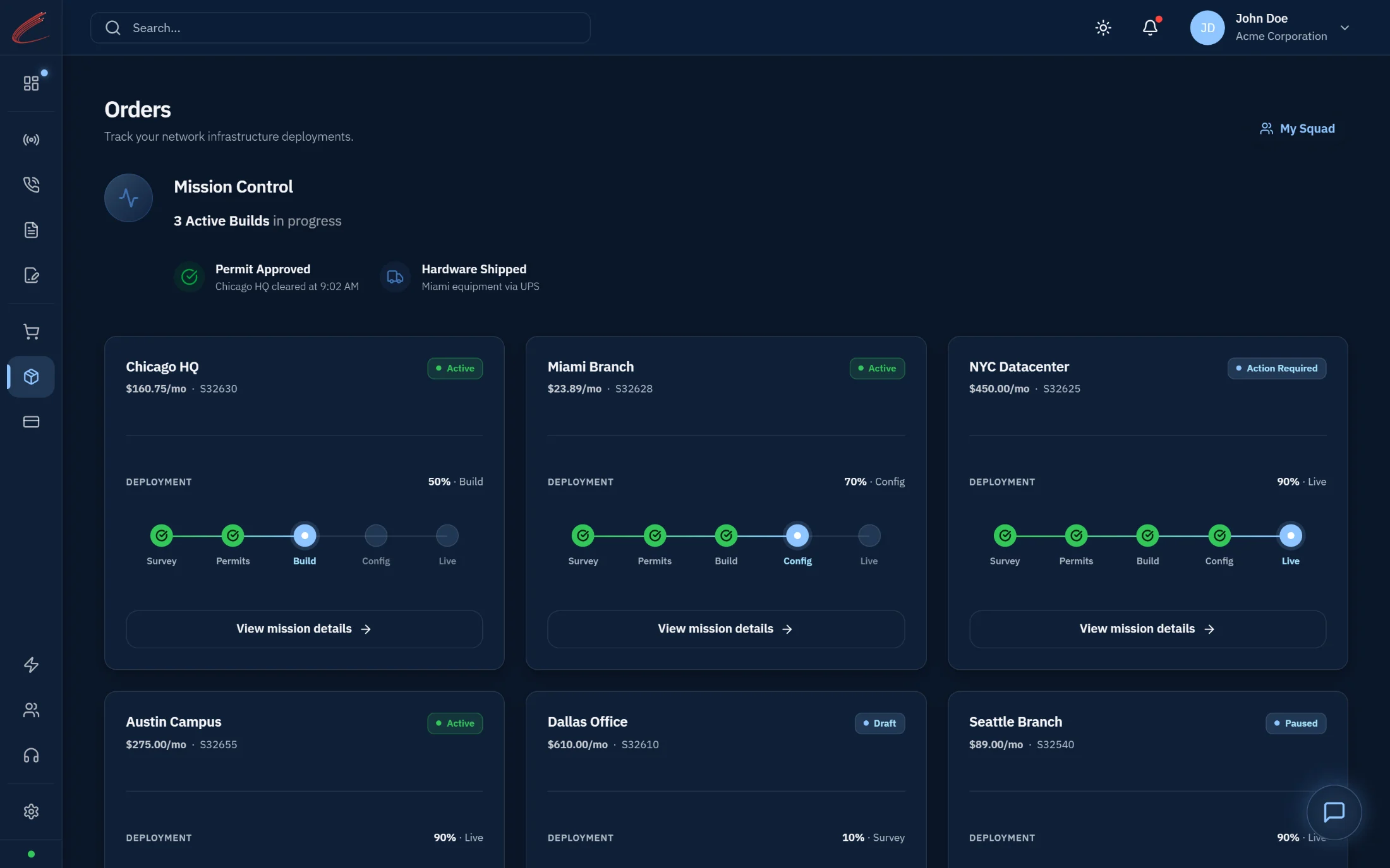 Orders workspace — Operational Controls deployment dashboard